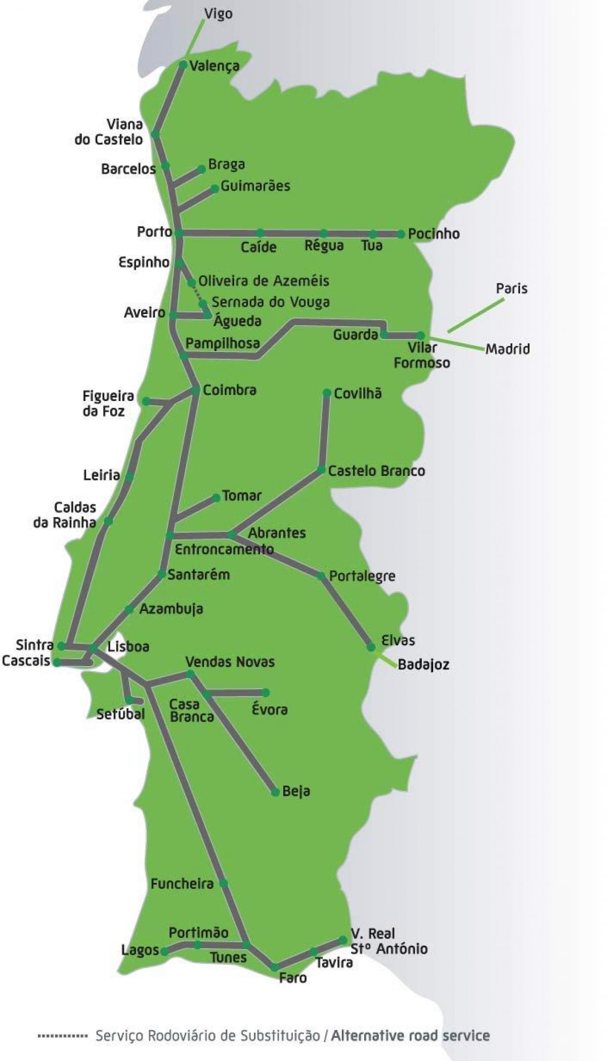 карта железнодорожных линий Португалии